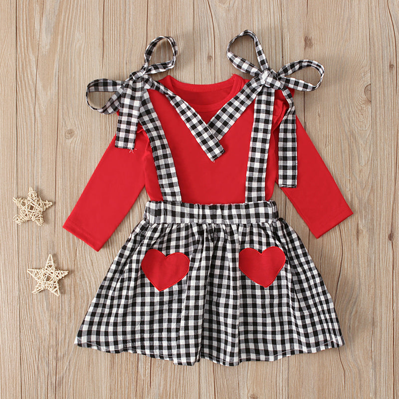 Baby Girls Valentine Ruffle Tops+Suspender Heart Plaid Sets 2pcs