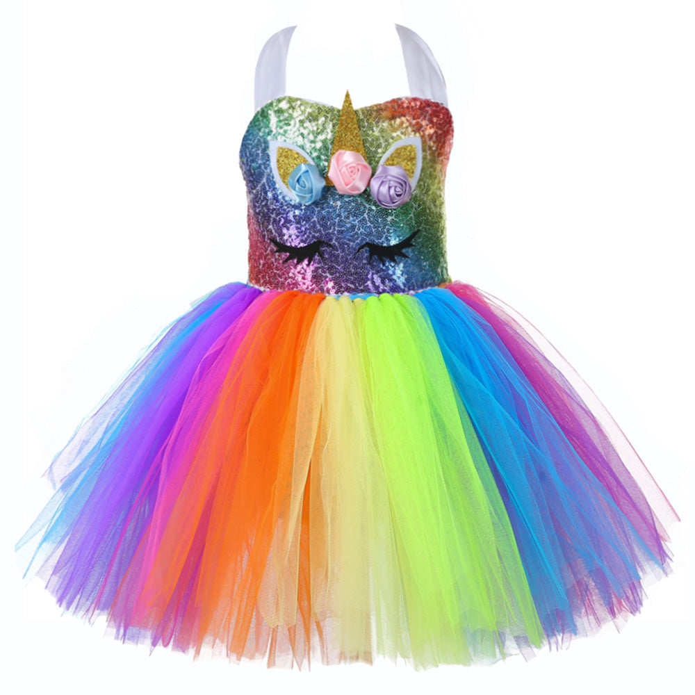 Cute Kids Girl Unicorn Birthday Party  Dress Rainbow Sequin Christmas Dress Baby Clothes - honeylives