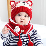 Unisex Kids Cartoon Bear Stripe Hats And Scarf Set Winter Warm Suit