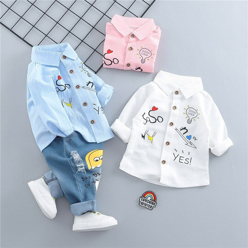 Kids Boys Girl Suits Print Jeans 2 Pcs Sets Costume