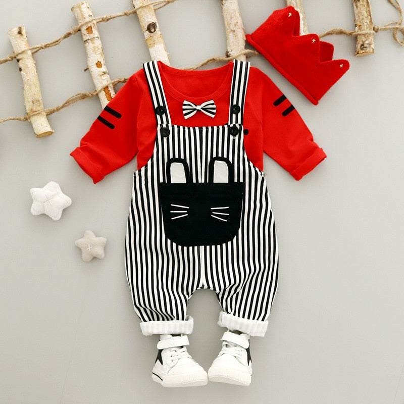 Baby Girl Set Spring Suit Long Sleeved Tops + Stripe Strap 2 Pcs