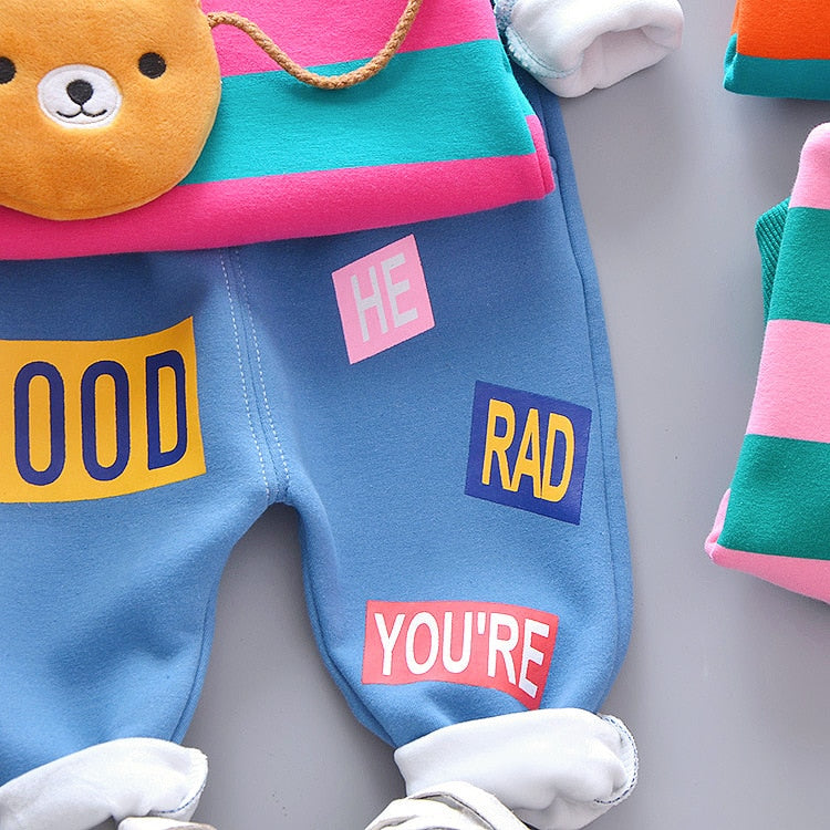 Baby Girl Boy Autumn Warm Suits Plush Stripe Smiley Sets 2 Pcs
