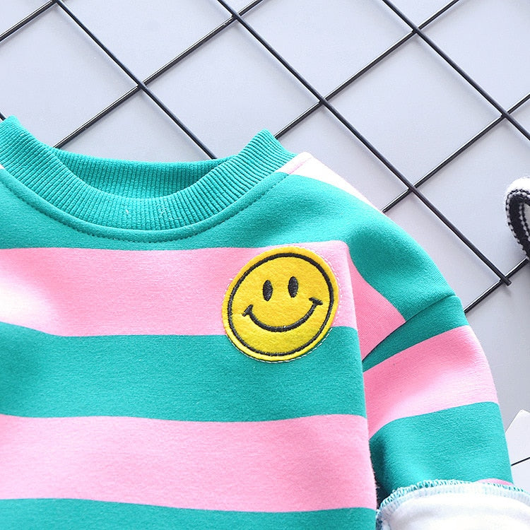 Baby Girl Boy Autumn Warm Suits Plush Stripe Smiley Sets 2 Pcs