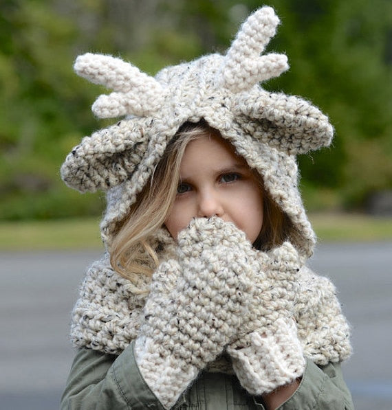 Kids Girl Deer Knitted Hats Girl Warm Knitted Scarf +Hats+ Glove 3 Pcs