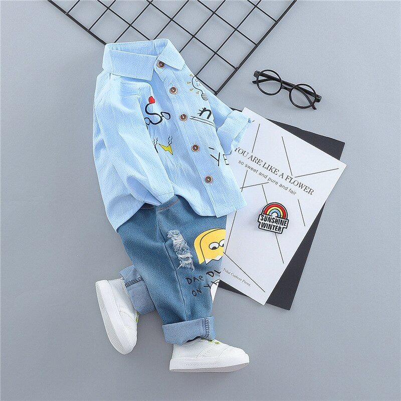 Kids Boys Girl Suits Print Jeans 2 Pcs Sets Costume