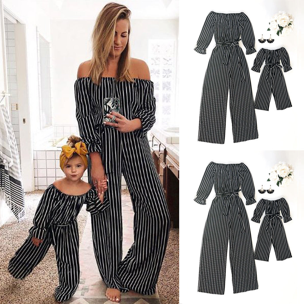 Family Matching Mother Daughter Off Shoulder Long Sleeve Striped Dress
