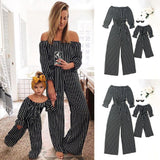 Family Matching Mother Daughter Off Shoulder Long Sleeve Striped Dress