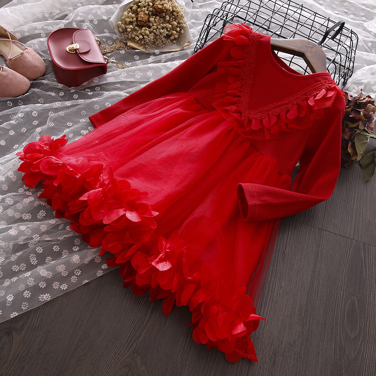 Girl Petal Mesh Tutu Spring Autumn Flower Dresses 1-8 Years