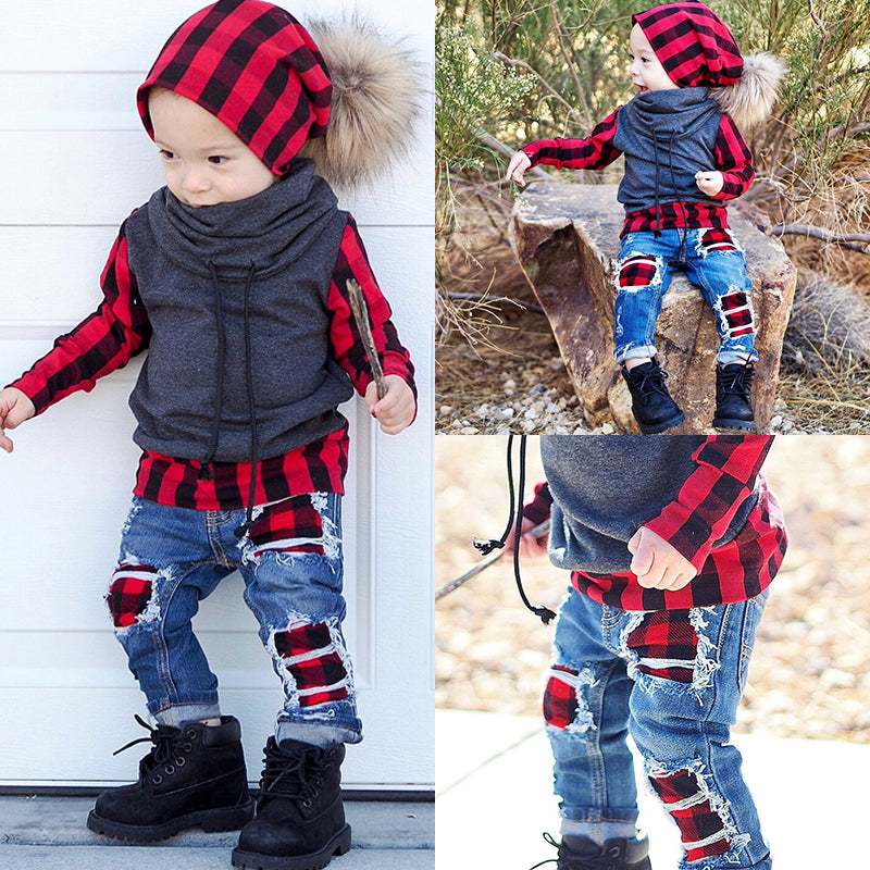 Kid Baby Boys /Girls Jeans Leggings Long Sleeve Sets 3 Pcs