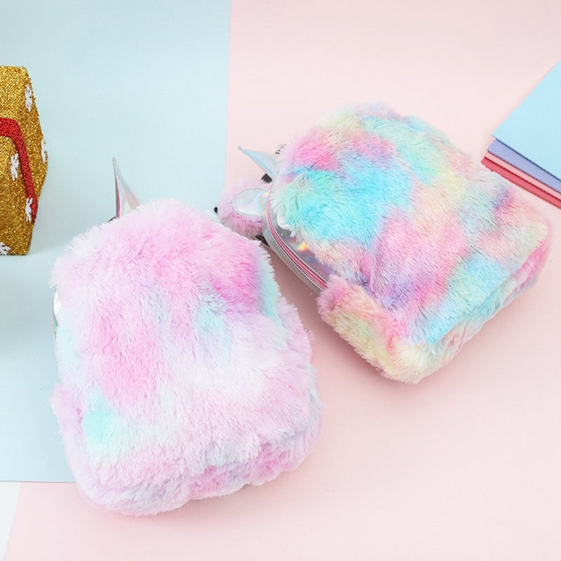 Fashion Colorful Girls Cute PU Laserl Bag Unicorn Plush Backpack
