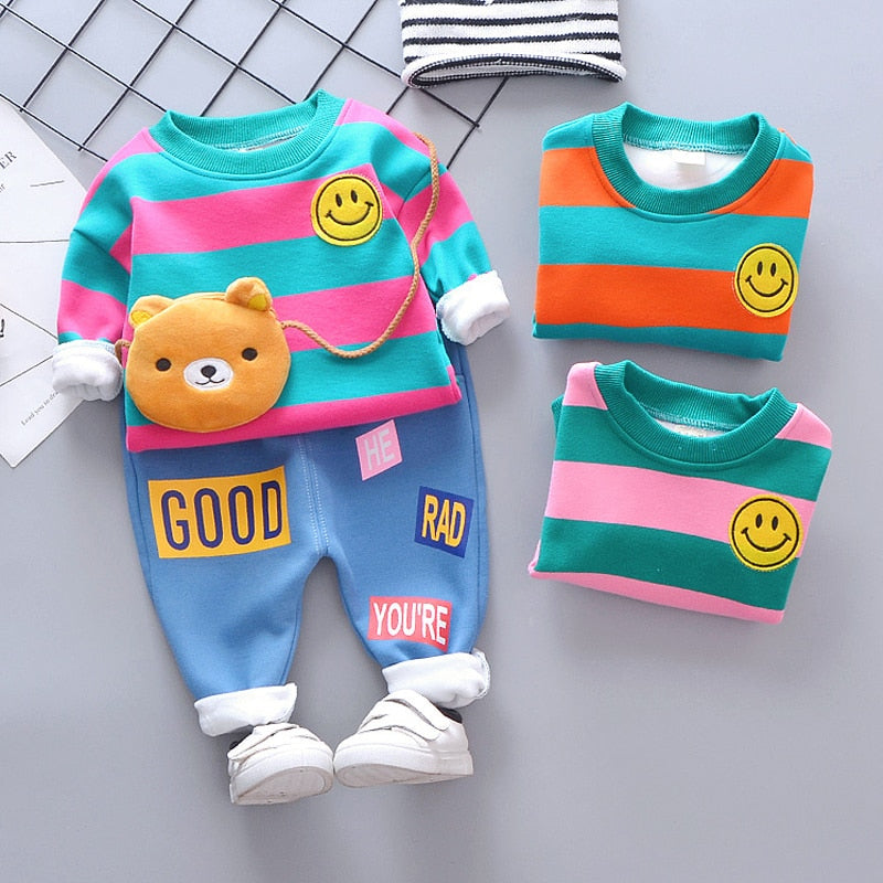 Baby Girl Boy Autumn Warm Suits Plush Stripe Smiley Sets 2 Pcs
