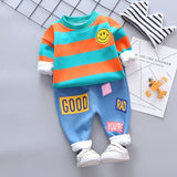 Baby Girl Boy Autumn Warm Suits Plush Stripe Smiley Sets 2 Pcs
