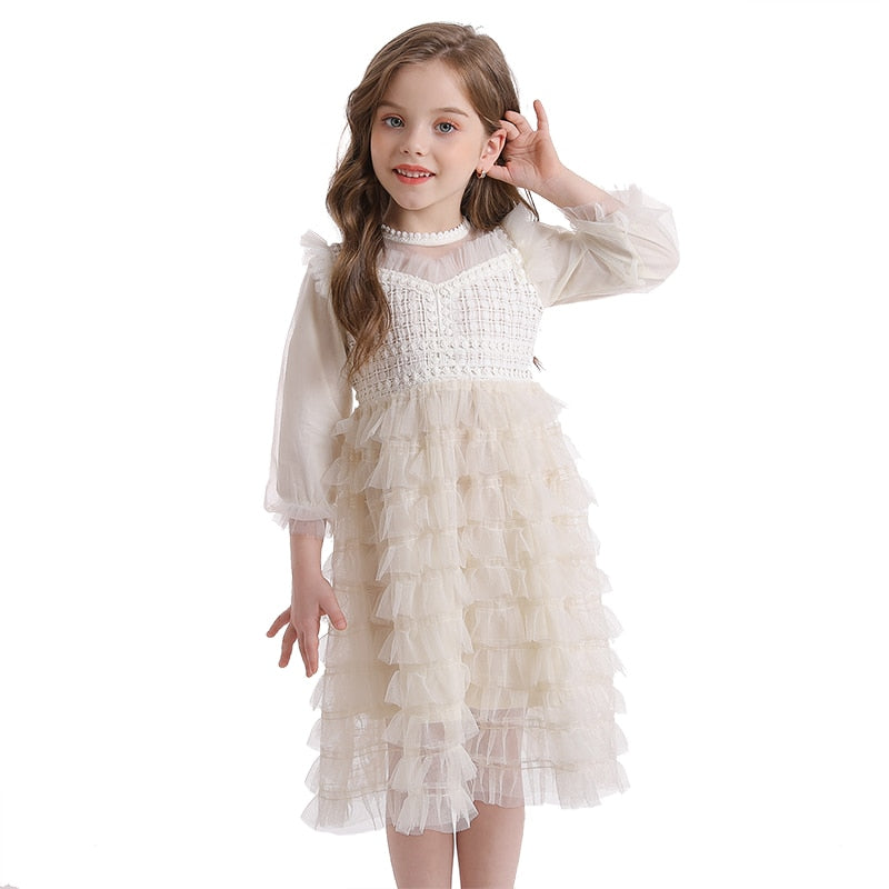 Girls Wedding Lace Long Sleeve Fairy Banquet Autumn Elegant Princess Dresses