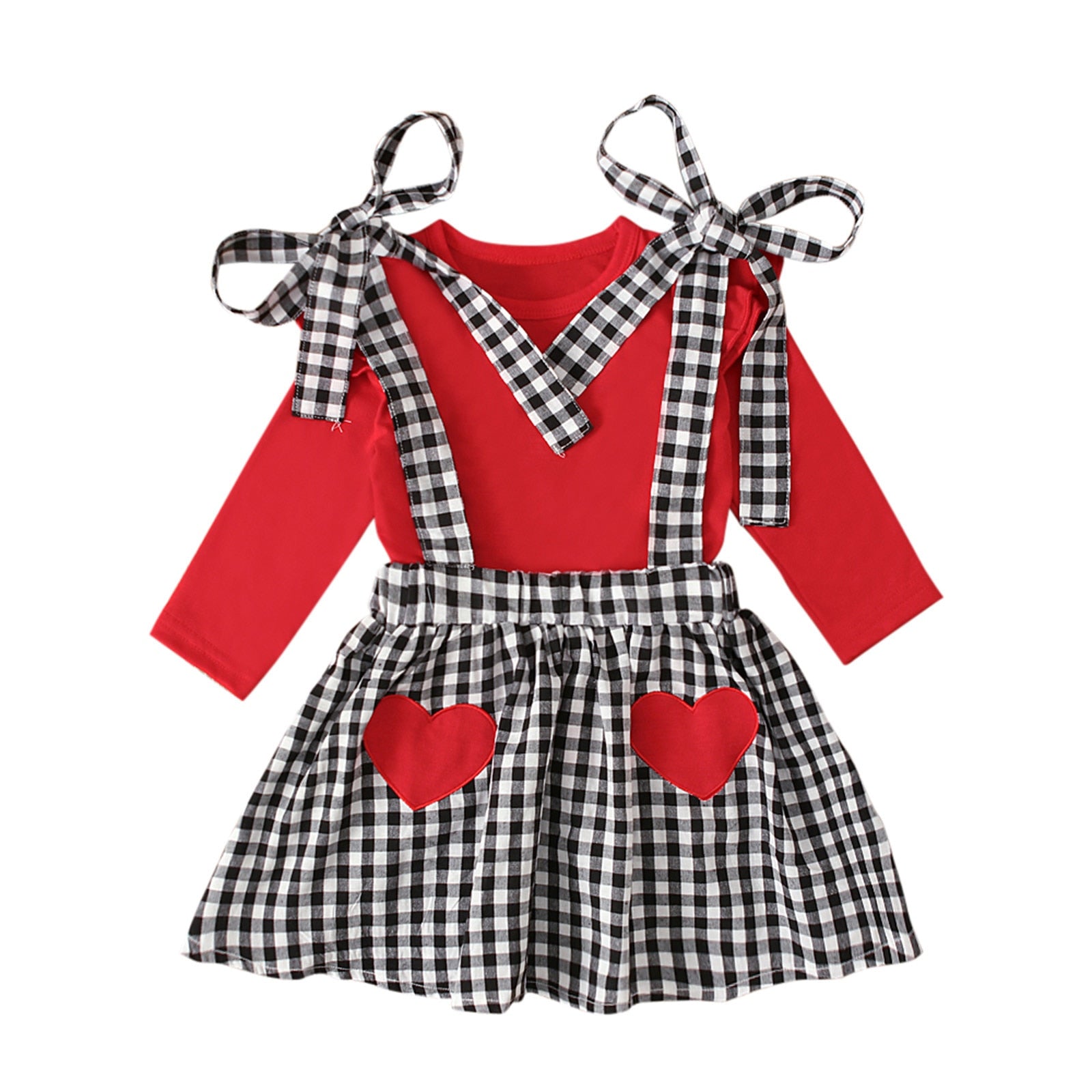 Baby Girls Valentine Ruffle Tops+Suspender Heart Plaid Sets 2pcs