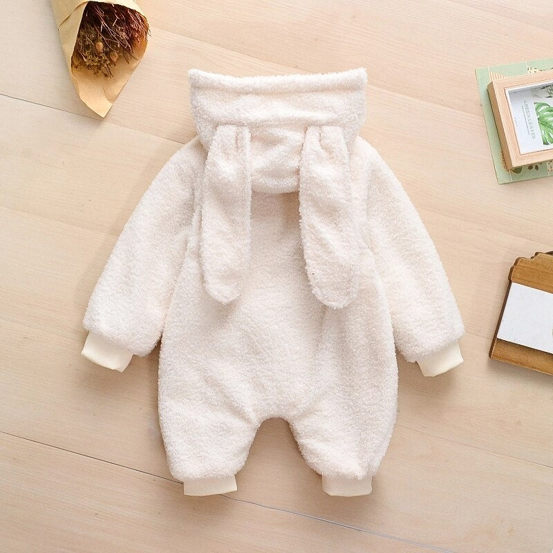 Winter Baby Long Ears Zipper Fleece Jumpsuit Romper