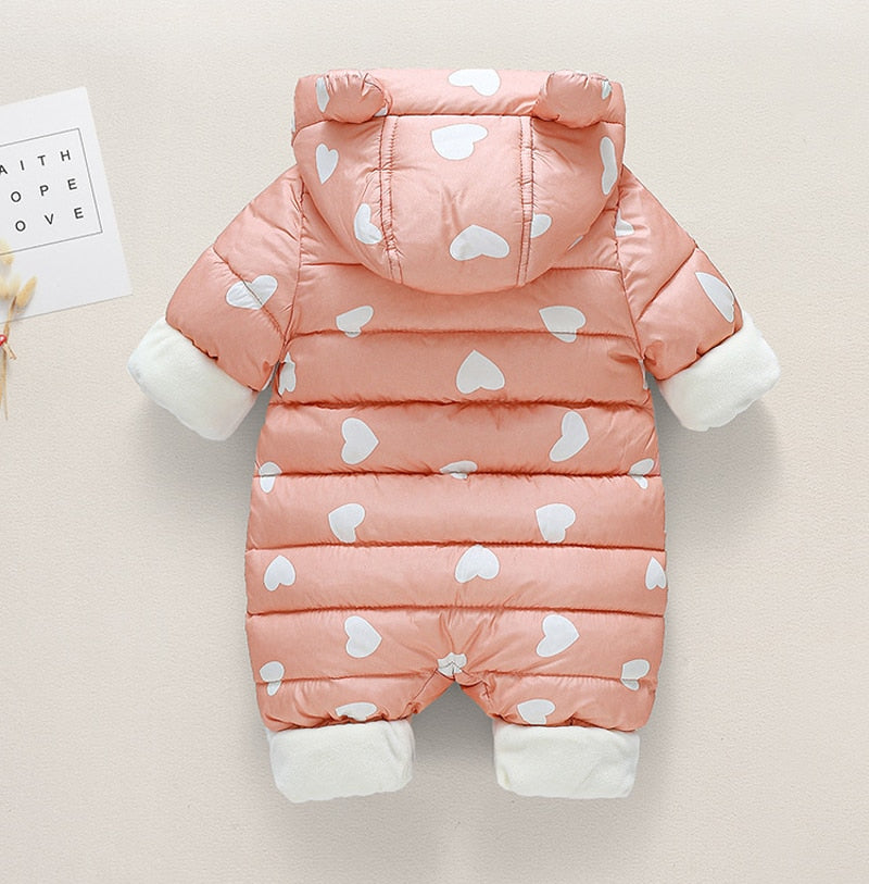 Newborn Infant Jumpsuit Warm Flannel Rompers Printed Hooded Outerwear