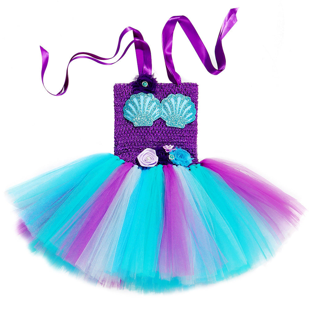 Cute Girl Mermaid Wedding Dresses Shell Pattern Christmas Princess Ariel Mermaid Unicorn Tutu Dress Headband Set - honeylives