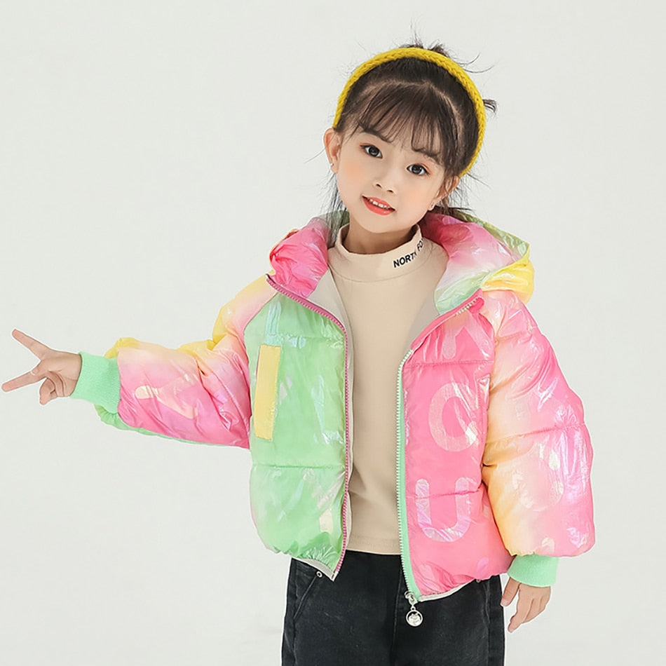 Girl Rainbow Colorful Glossy Down Cotton Jacket Candy Warm Coat