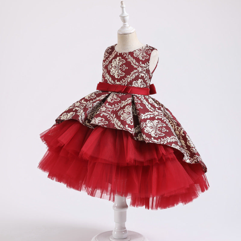 Kid Baby Girls Vintage Wedding Ceremony Red Flower Elegant Bridesmaid Dresses