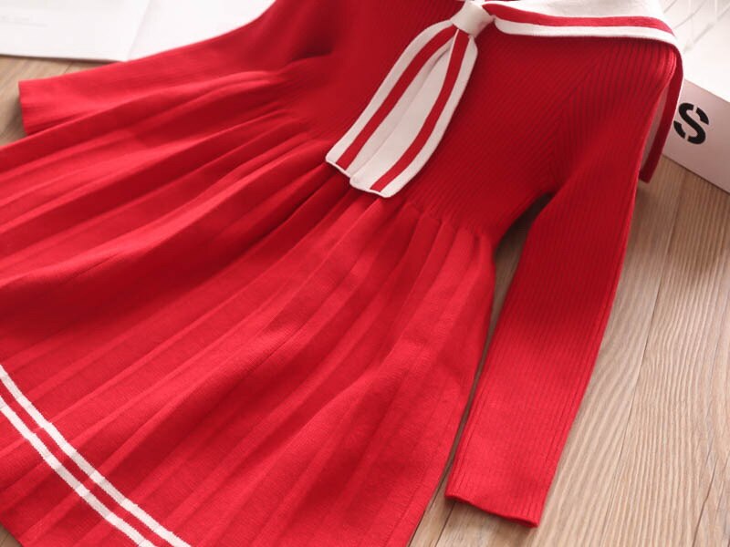 Girls Dress Cartoon Rabbit Sailor Collar New Knitted Preppy Dress 2-10 Years