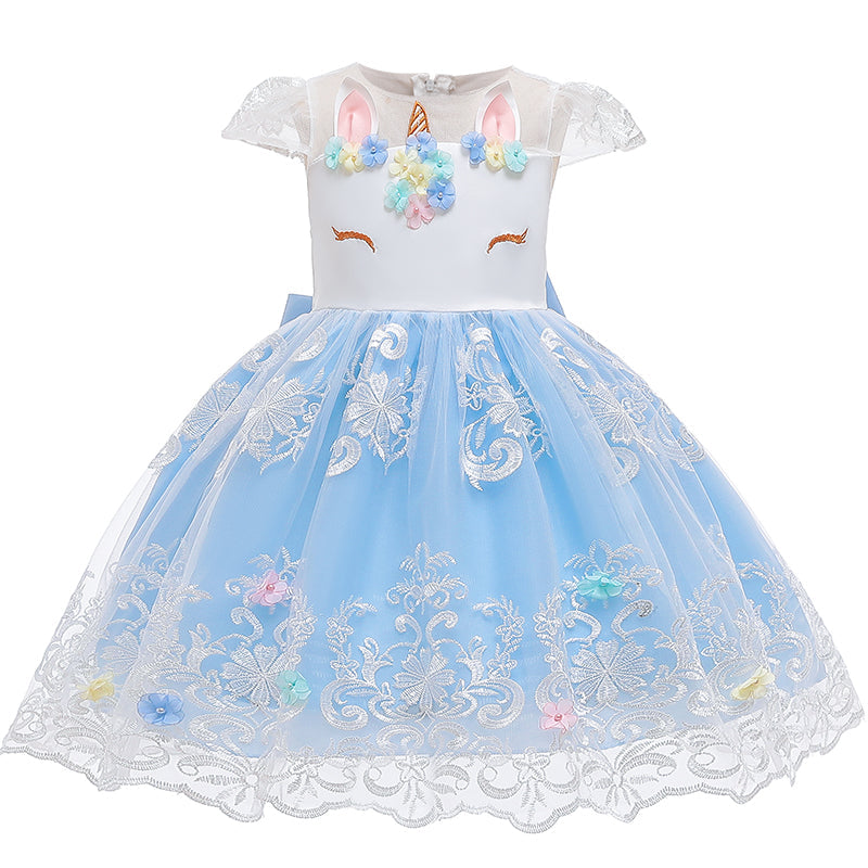 Girl Embroidery Unicorn Big Bow Princess Dress Wedding Party Kids Dresses - honeylives