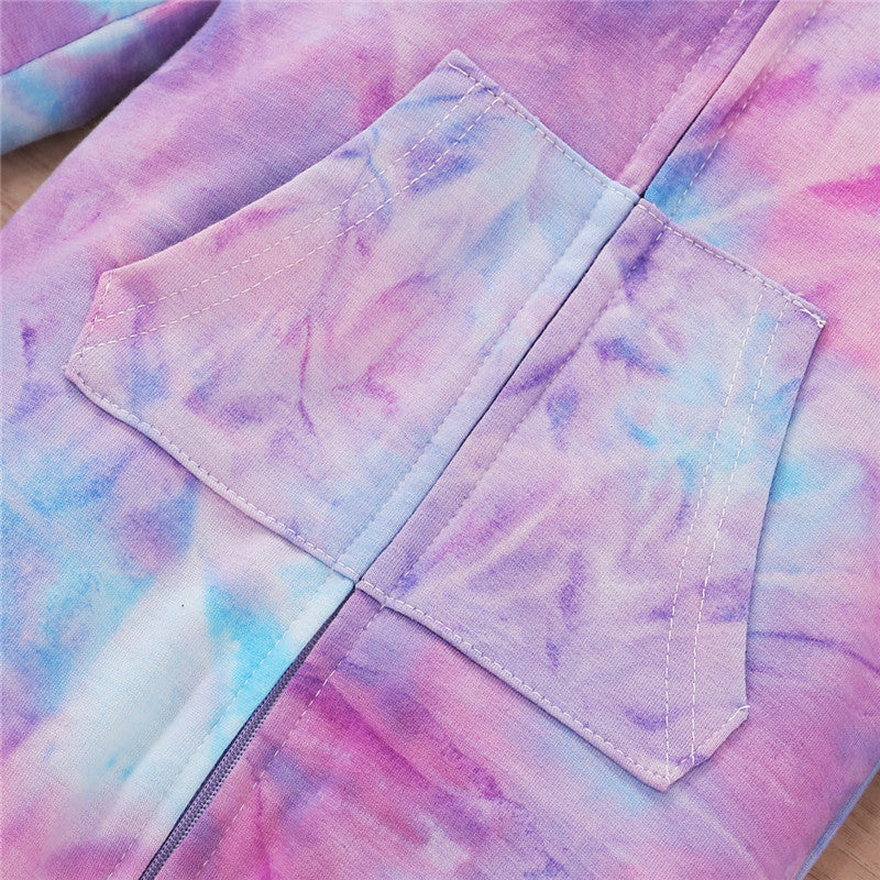 Infant Baby Kid Tie Dyeing Long Sleeve Hooded Zipper Romper