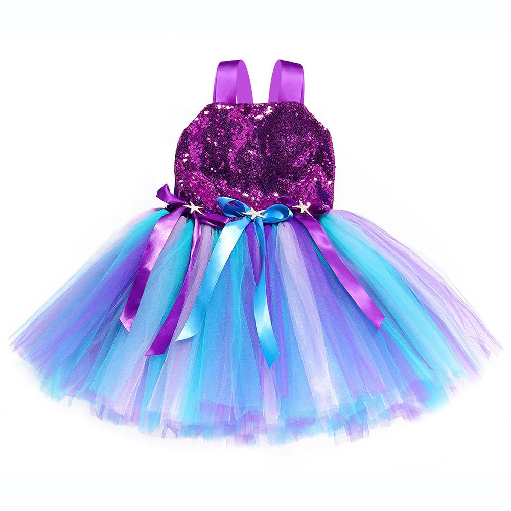 Sequin Princess Ariel Dress Girls Birthday Party Mermaid  Shell Starfish Dresses - honeylives