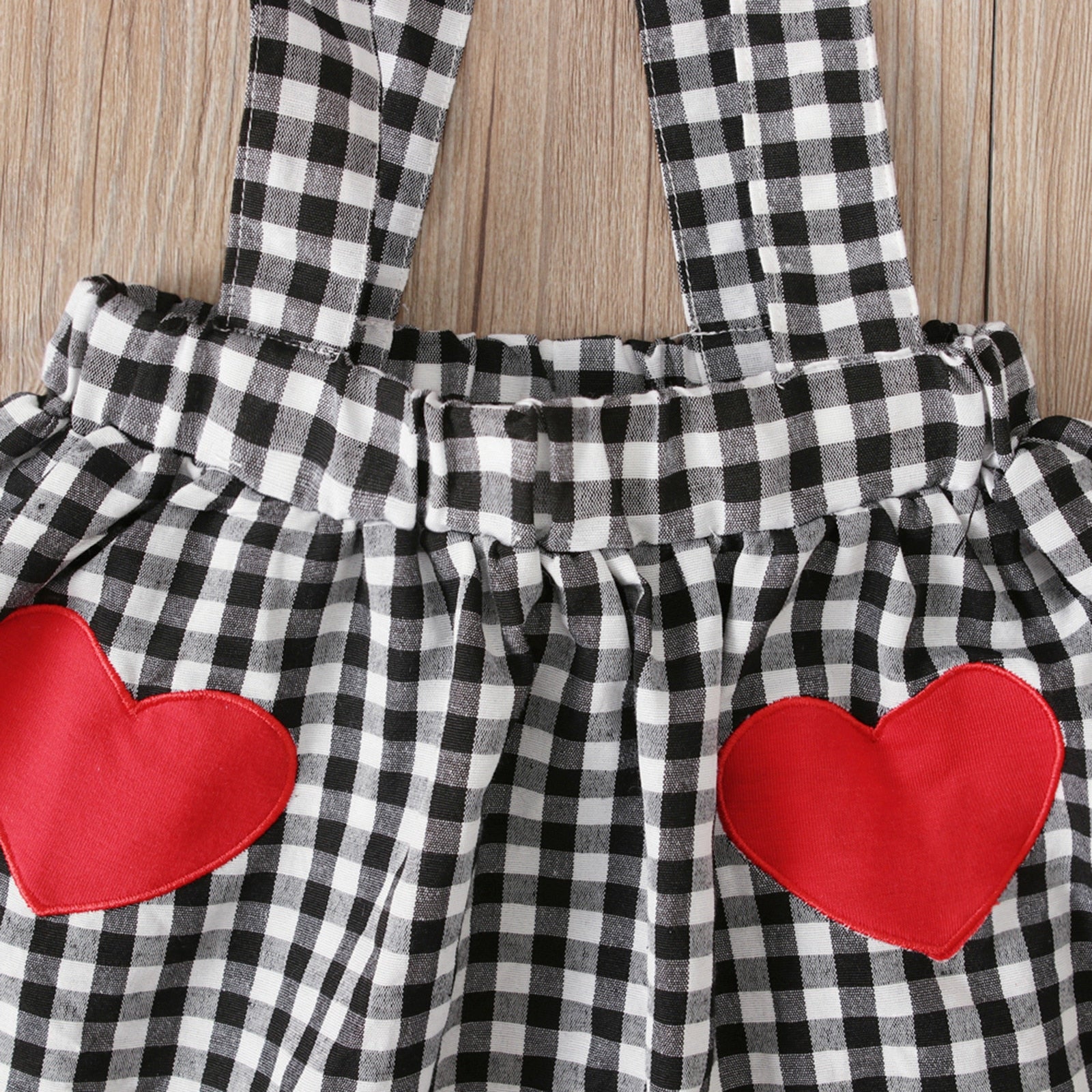 Baby Girls Valentine Ruffle Tops+Suspender Heart Plaid Sets 2pcs