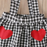 Baby Girls Valentine Ruffle Tops+Suspender Heart Plaid Sets 2pcs