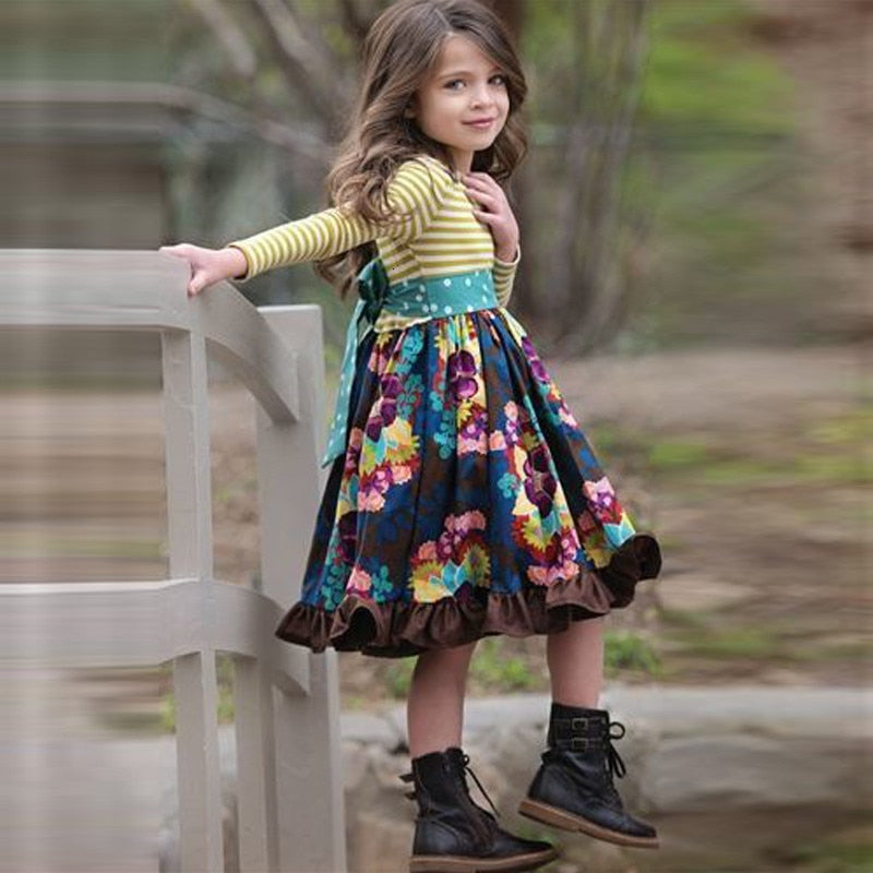 Girls Spring Autum Dress Kids Flower Pastoral Striped Dresses 3-12 Years