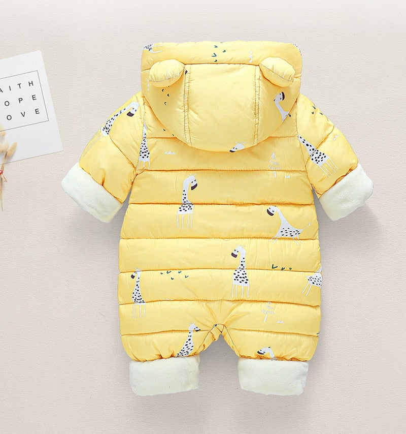 Newborn Infant Jumpsuit Warm Flannel Rompers Printed Hooded Outerwear