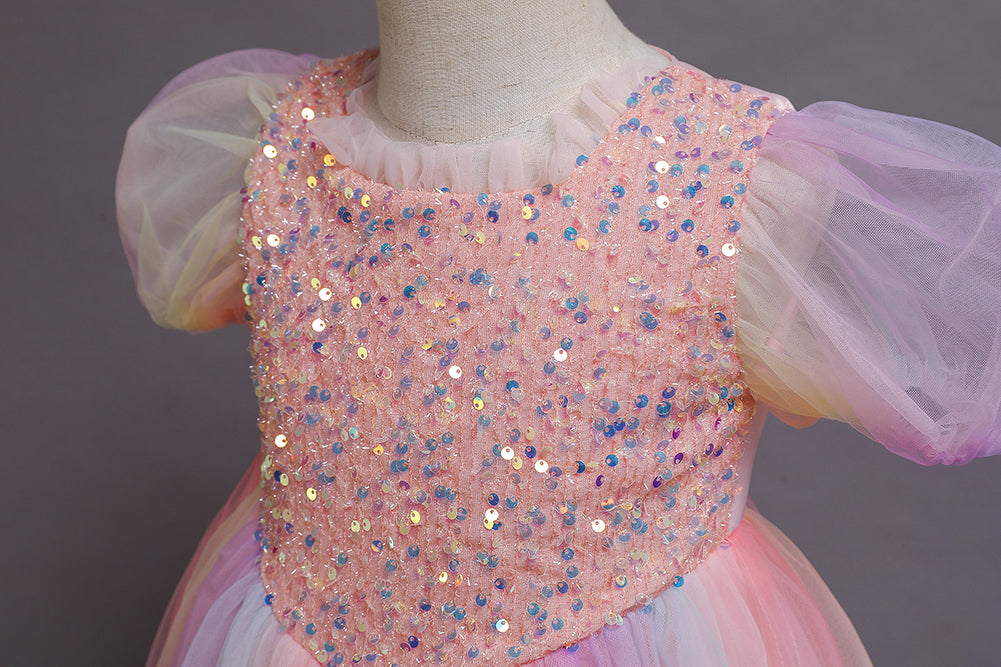 Kid Girls Sequins Flower Wedding Party Puff Sleeve Princess Pageant Dresses