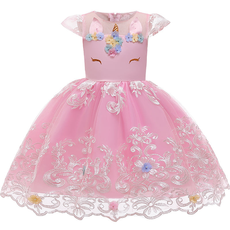 Girl Embroidery Unicorn Big Bow Princess Dress Wedding Party Kids Dresses - honeylives