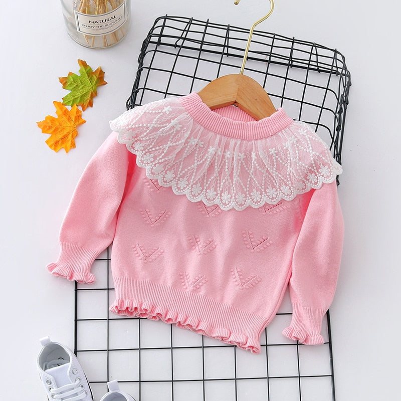 Autumn Winter Toddler Baby Girl Lace Collar Ruffled Solid Knitted Sweater