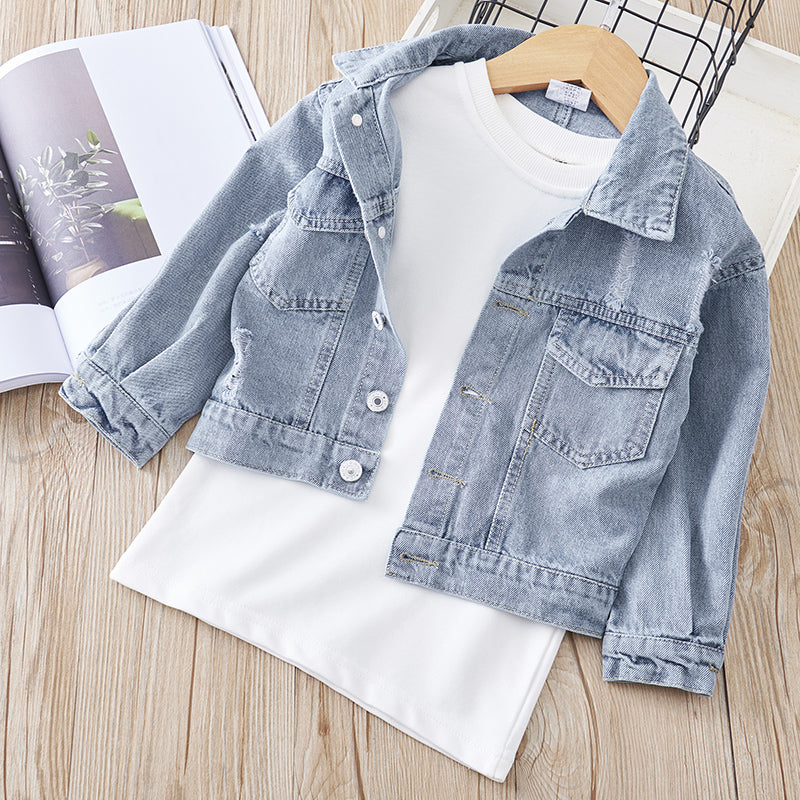 Spring Floral Appliques Kid Baby Girl Fashion Denim Jackets Coats