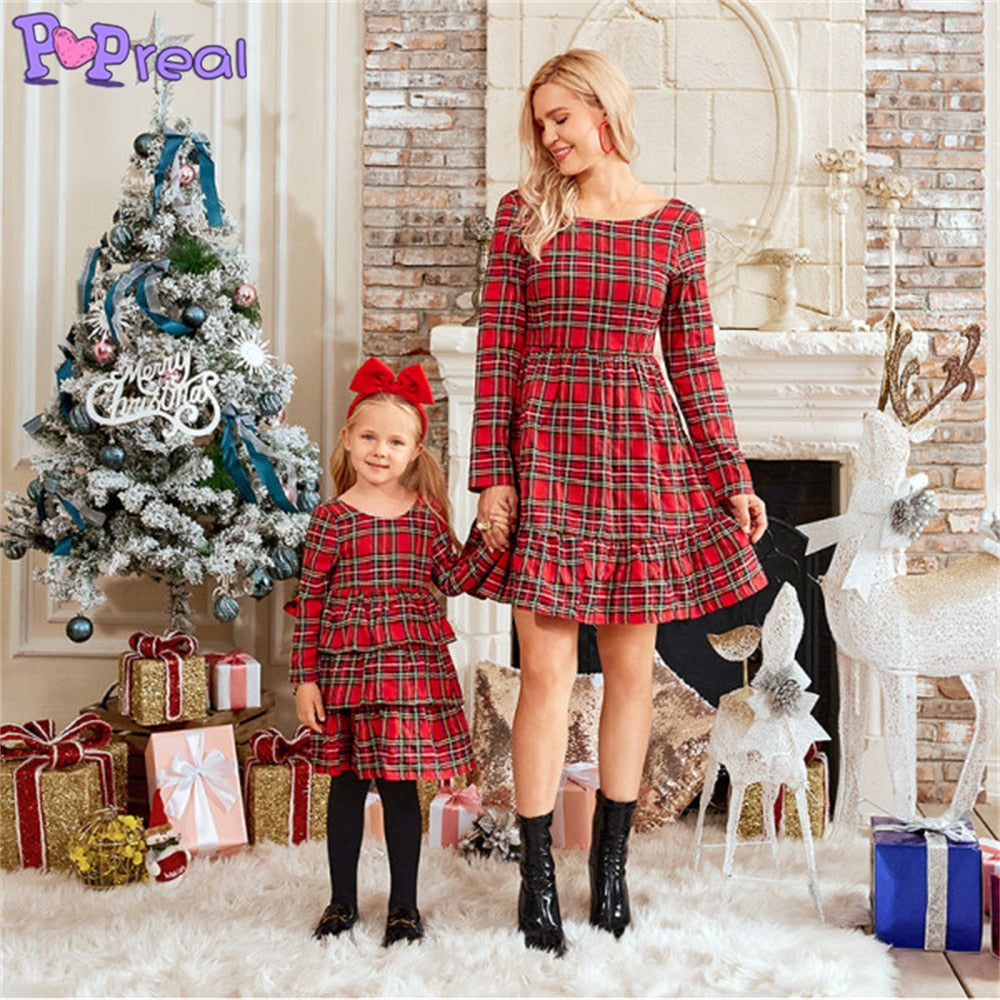 Family Matching Parent-Child Fashion Plaid Print Bow Dresses