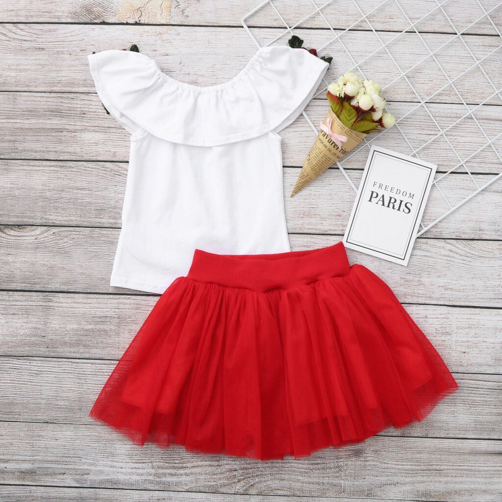 Summer Toddler Girls Off Shoulder Rose Embroidery Tops+Solid Tulle Skirts Outfits - honeylives