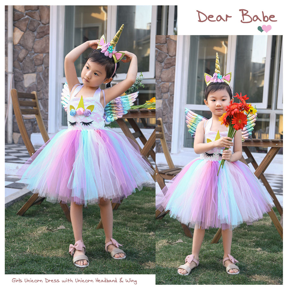 Girls Dress Unicorn Birthday Tutu Dress Sequin Pastel Clothing - honeylives