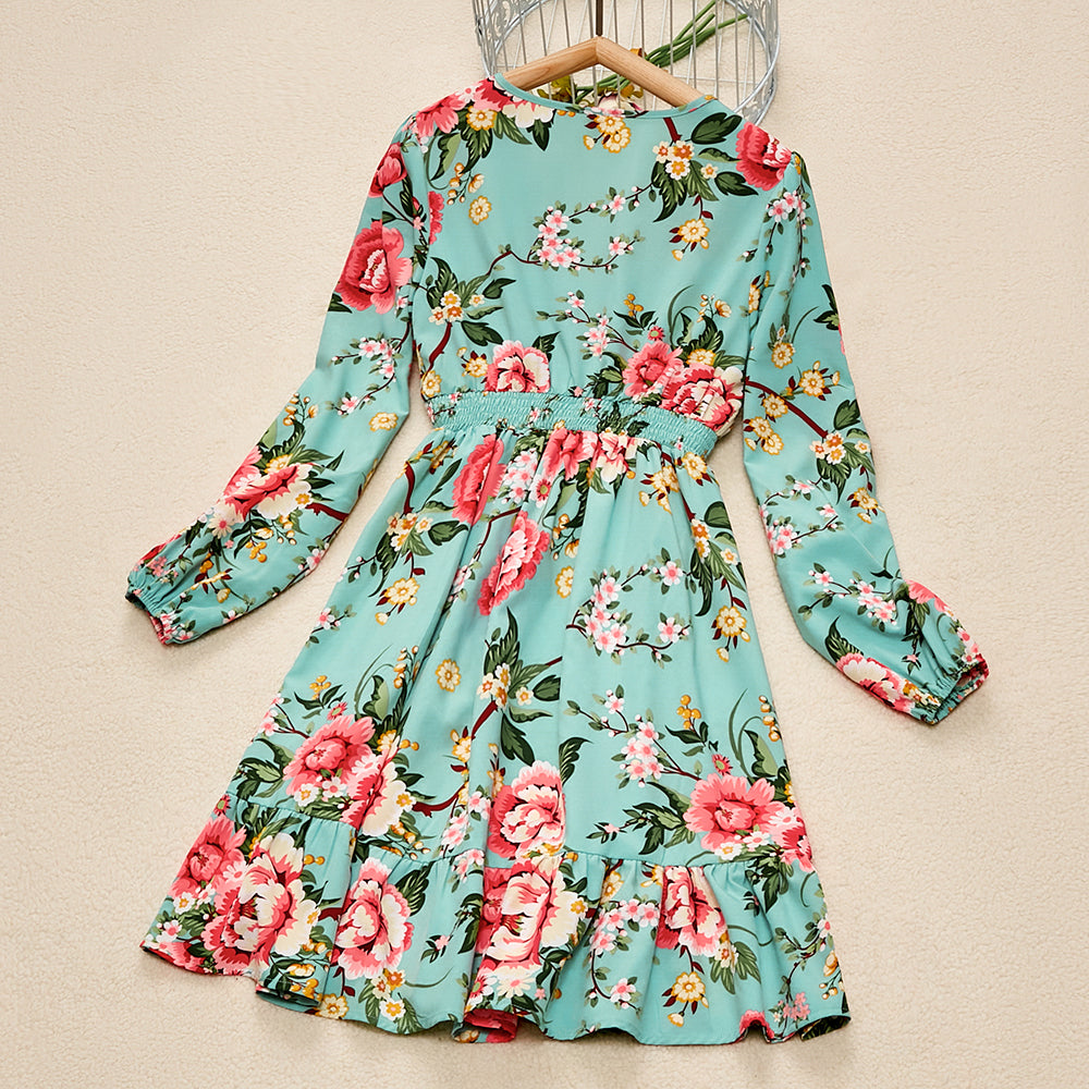 Family Matching Fashion Flowers Print Long Sleeve Dresses