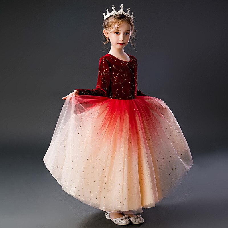 Kid Girl Formal Princess Girls Sequins Gradient Long Sleeve Polka Dress