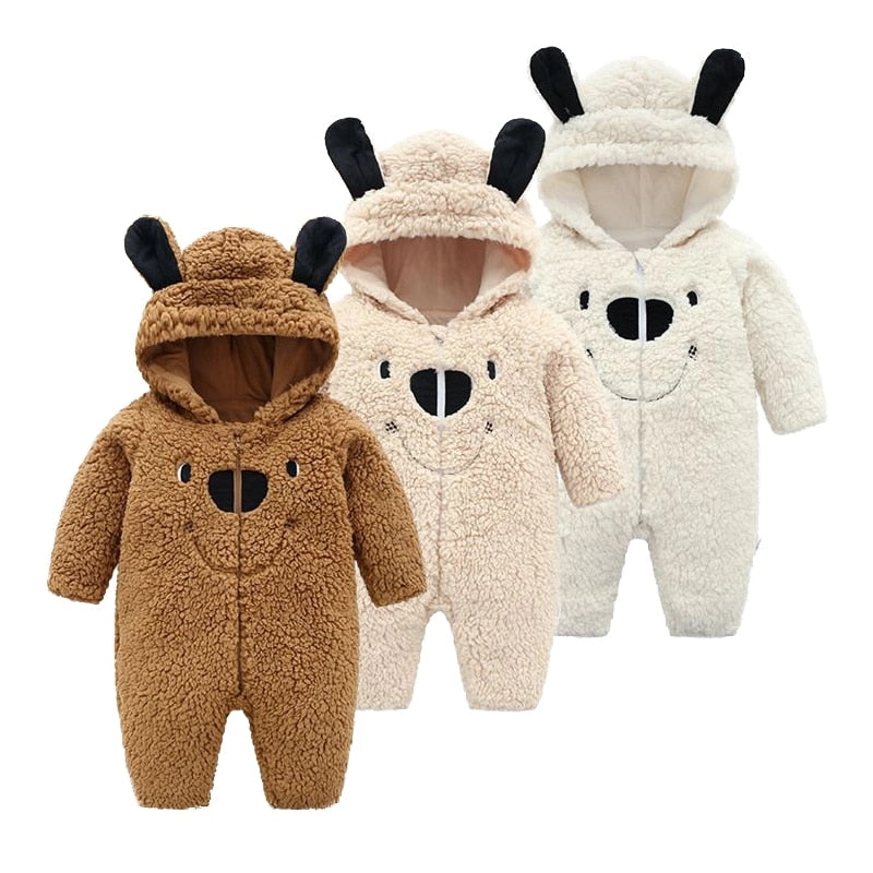 Winter Baby 3D Ears Design Solid Hooded Jumpsuit Romper