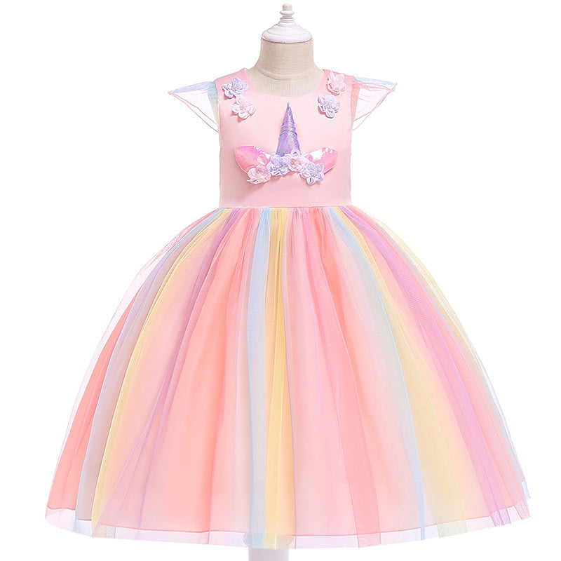 Girls Unicorn Dress Gown Cosplay  Birthday Party Fantasy Princess Dresses - honeylives