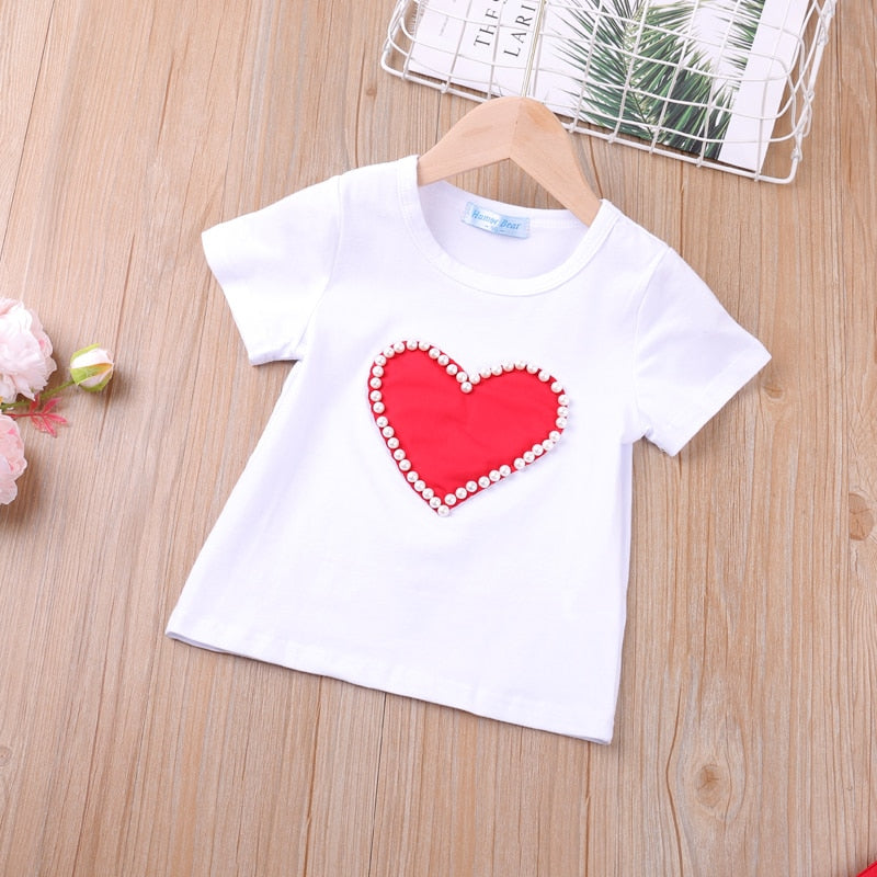 Toddler Girl Outfit  Pearls Heart Valentine Top Skirt 2Pcs Sets