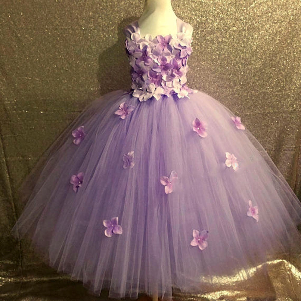 Flowers Girls Hydrangea Flower Tutu  Elegant Wedding Birthday Party Dress Ball Gown Dress - honeylives