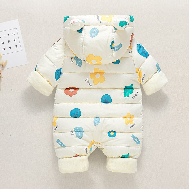 Newborn Infant Jumpsuit Warm Flannel Rompers Printed Hooded Outerwear
