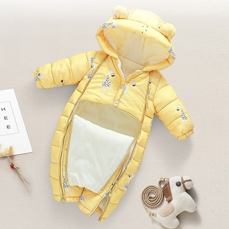 Newborn Infant Jumpsuit Warm Flannel Rompers Printed Hooded Outerwear