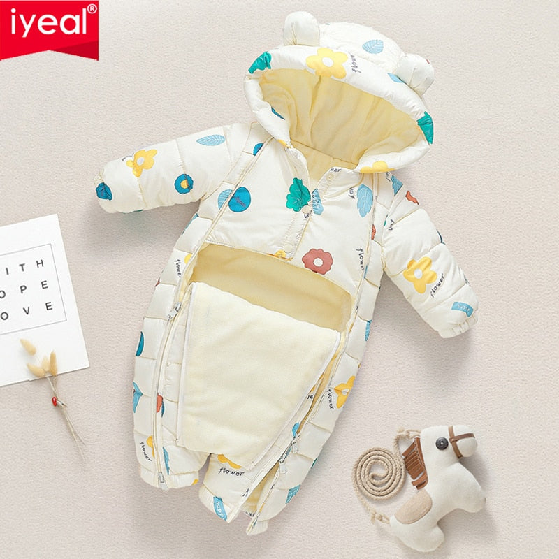 Newborn Infant Jumpsuit Warm Flannel Rompers Printed Hooded Outerwear