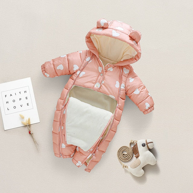 Newborn Infant Jumpsuit Warm Flannel Rompers Printed Hooded Outerwear
