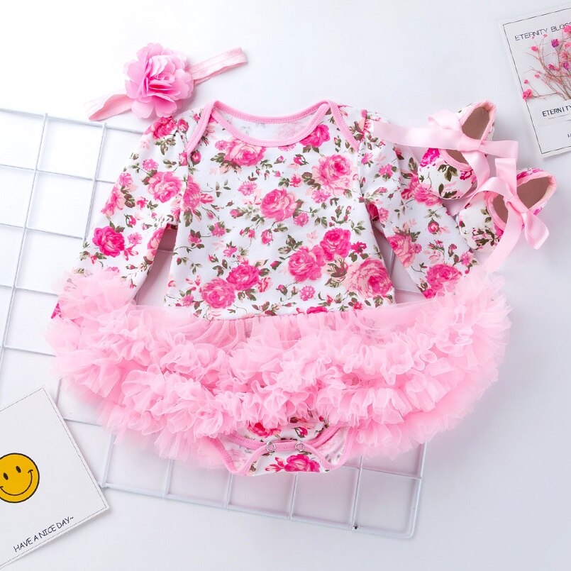 Baby Girls Jumpsuits Floral Mesh Tutu Bodysuits Baptism Rompers 3Pcs 3-18M