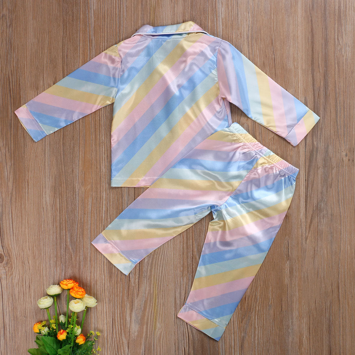 Kids Baby Boy Girl Pajamas Faux Silk Satin Rainbow Suits 2 Pcs Sets
